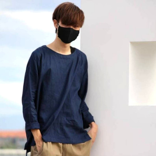 男女兼用】リネンのゆったりロンT：ネイビー Tシャツ pecora 通販