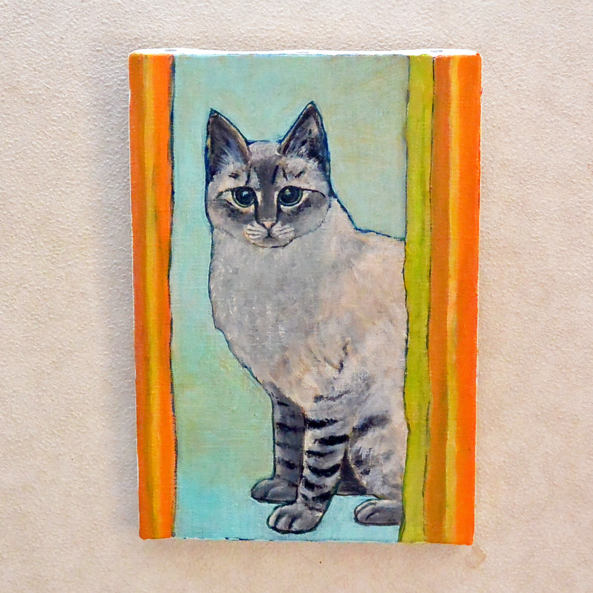 油絵・イラスト 白系ネコ シャム風 猫の油絵 油彩 手描き・原画