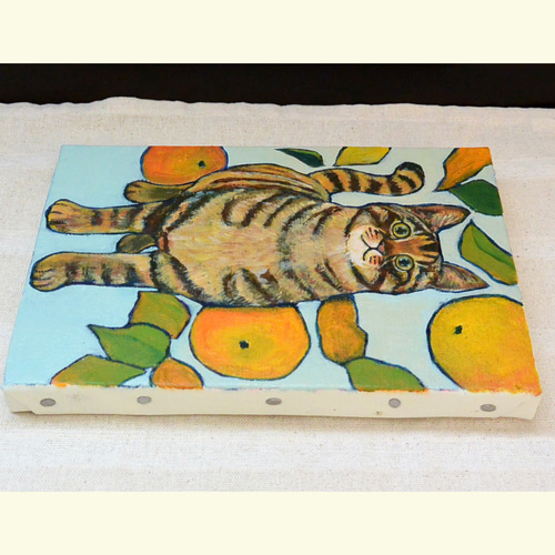 猫 猫じゃらし 油絵 油彩手描き 原画 オリジナル 油絵・イラスト ベージュしましまネコ 猫の油絵 油彩 手描き