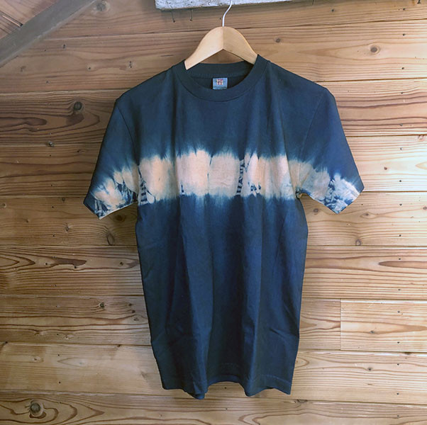 藍と柿渋染め細い横絞TシャツMサイズのみ1点限り