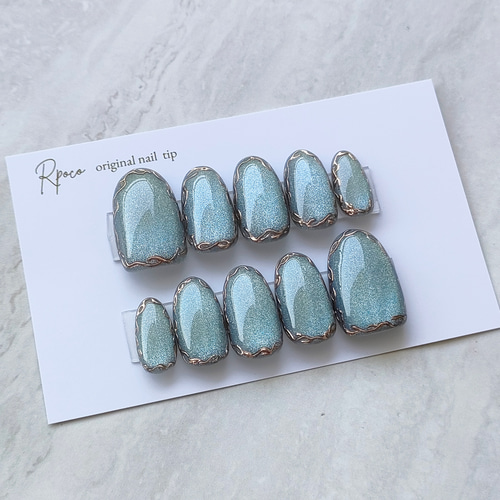 ミラー囲みブルーマグネットネイルNo.mg05-1 ネイルチップ（つけ爪