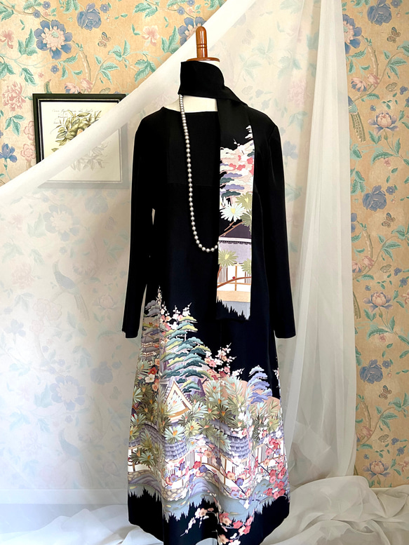 着物リメイクドレス 正絹　花柄 黒　ハンドメイド 初売りサブバッグプレゼント 錦模様の熨斗 花車 黒留袖ドレス