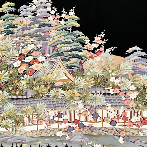 着物リメイク 黒留袖ドレス 友禅染 花屋敷風景模様 Aライン