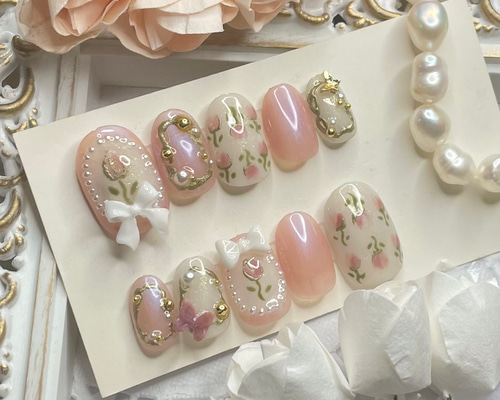 サイズオーダー♡パステルパールチューリップネイルチップ ピンク  
