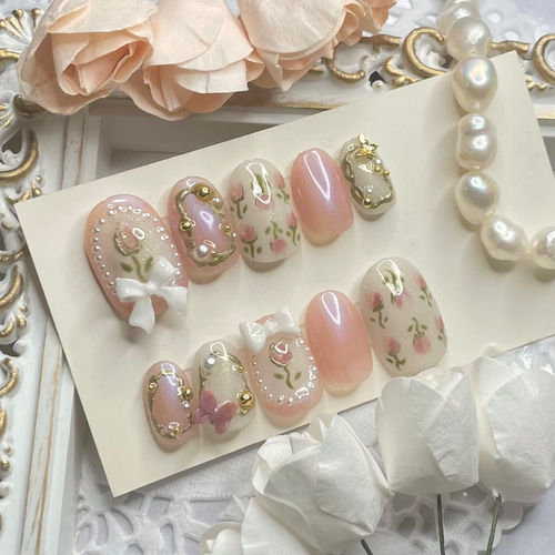 サイズオーダー♡パステルパールチューリップネイルチップ ピンク  