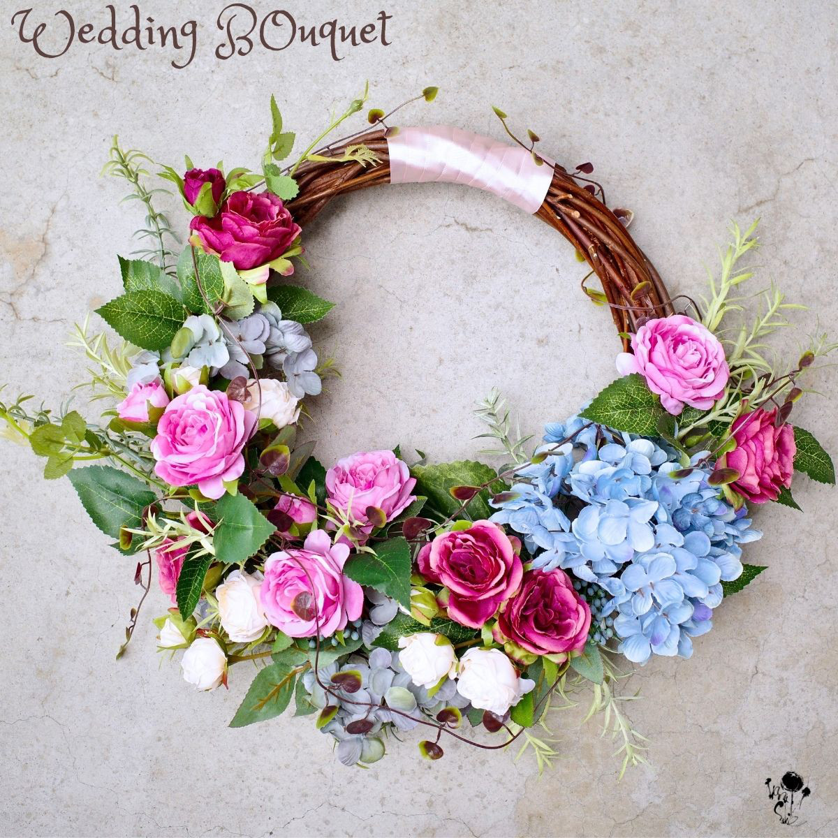 バラと紫陽花のロマンティックリースブーケ 造花 国内送料無料 ウェディングブーケ ブーケ プレ花嫁 リース 造花ブーケ