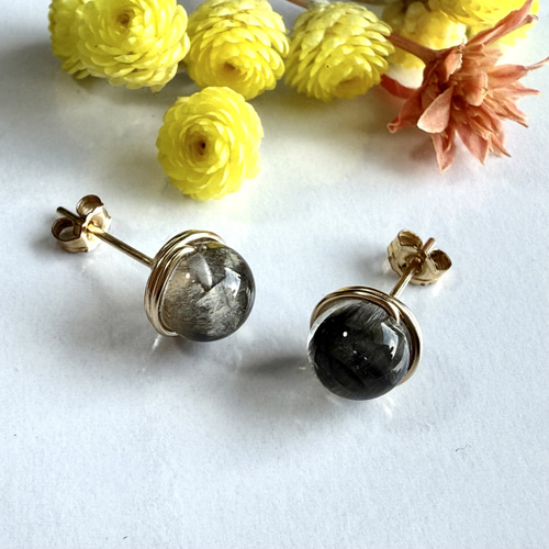 再販】 プラチナルチル クォーツ 1粒ピアス 14kgf 透明感 キャッツアイ