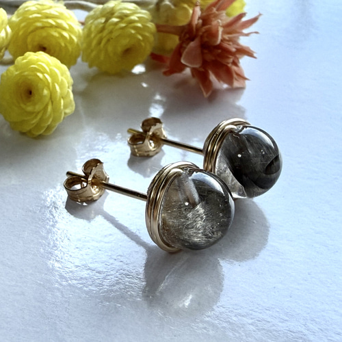 再販】 プラチナルチル クォーツ 1粒ピアス 14kgf 透明感 キャッツアイ