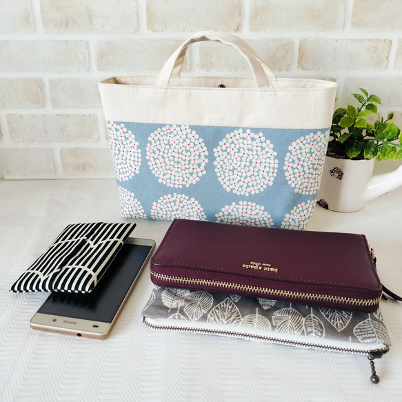バッグインバッグ インナーバッグ ミニトート型 布バッグ　小物をひとまとめに♪　北欧 あじさい柄 水色 4枚目の画像