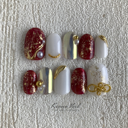 【翌日配送】成人式 振袖 和装ネイルチップ 赤×金 上品 華やか オーダー ネイルチップ 成人式 振袖 着物 赤 黒 花柄 ぷっくりフラワー 花柄 和