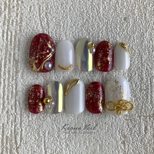 093】［成人式ネイル/和装ネイル/着物/振袖/前撮り/袴/赤/白/ゴールド