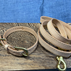 本革リード&首輪セット　国産ロロマレザー製　真鍮金具　手縫い 3枚目の画像
