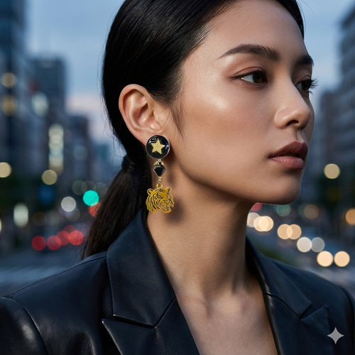 虎と星 ゴールデンタイガー トラ ピアス イヤリング モノトーン 干支