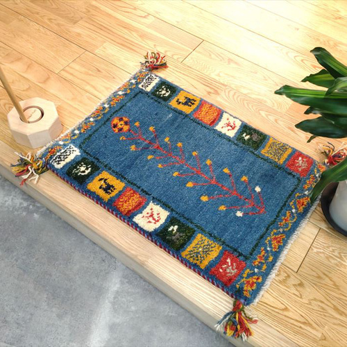 大特価31％OFF】ペルシャ ギャッベ 玄関マット 42x60.5cm ブルー 生命 