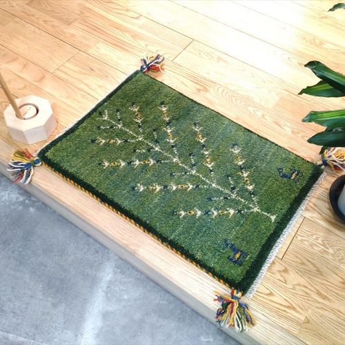 春 入荷】ペルシャ ギャッベ 玄関マット 41.5x62cm リーフグリーン 