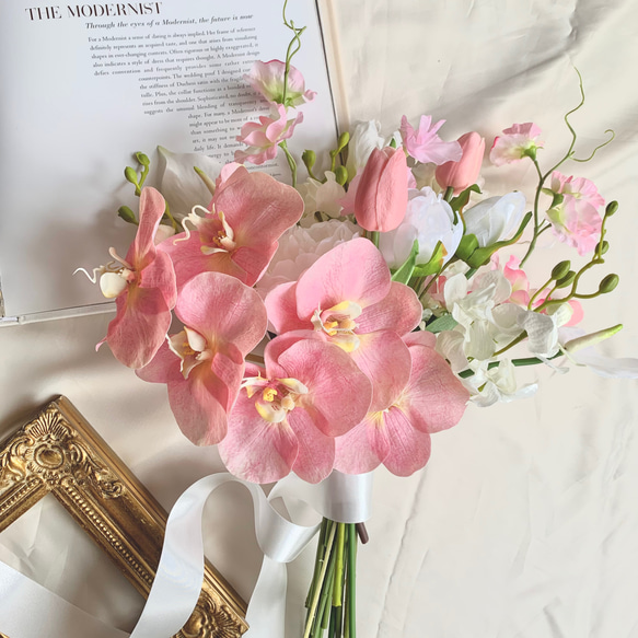 ブーケ ブートニア 胡蝶蘭 ピンク ホワイト アーティフィシャル