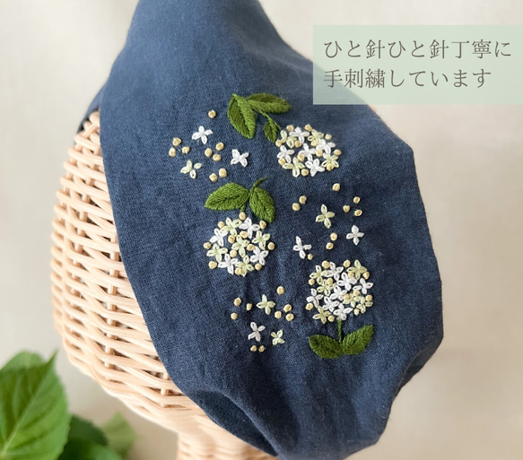 翡翠のような美しさ＊アナベルの刺繍ヘアターバン(ヘアバンド)/ハーフリネン 5枚目の画像