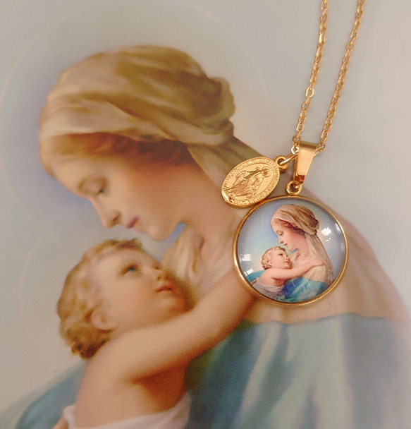 イタリア製不思議のメダイ&マリア様美しい聖母子 ３WAY ステンレスお守りネックレス M 1枚目の画像