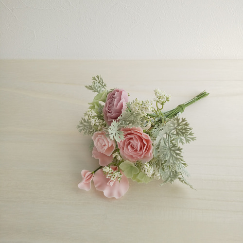 粘土の枯れない花束 バラ3輪入り ピンク 樹脂粘土の花 送料無料