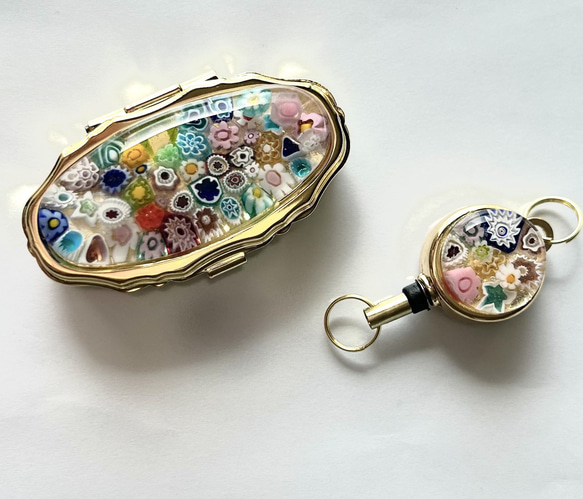 ミルフィオリ　銀製ピルケース　ベネチアンガラス　アンティーク ベネチアンガラスミルフィオリのピルケースとリール付きキーホルダーの