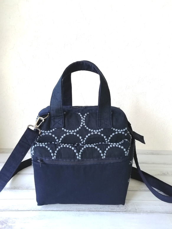 SALE☆ミナペルホネンtamburin ワイヤーフレーム,2wayトートバッグ/navy×blue 8枚目の画像