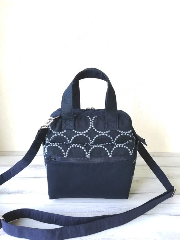 SALE☆ミナペルホネンtamburin ワイヤーフレーム,2wayトートバッグ/navy×blue 1枚目の画像