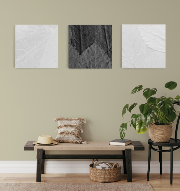 正方形キャンバスパネル Black&White Leaves 3枚セット　北欧和モダン アートパネルでお部屋の模様替え 6枚目の画像