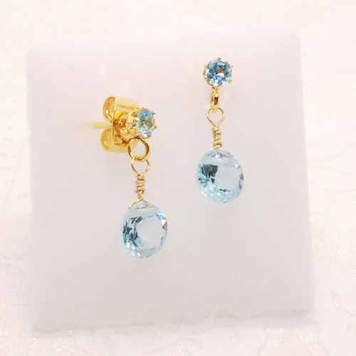 ブルートパーズ 2連 ピアス サージカルステンレス スイスブルートパーズとゆれるスカイブルートパーズのコイン