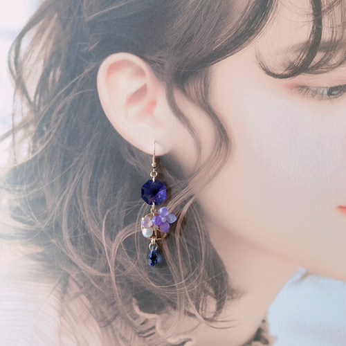 雨の日 紫陽花の雫ピアス／イヤリング ブルーバイオレット ピアス 