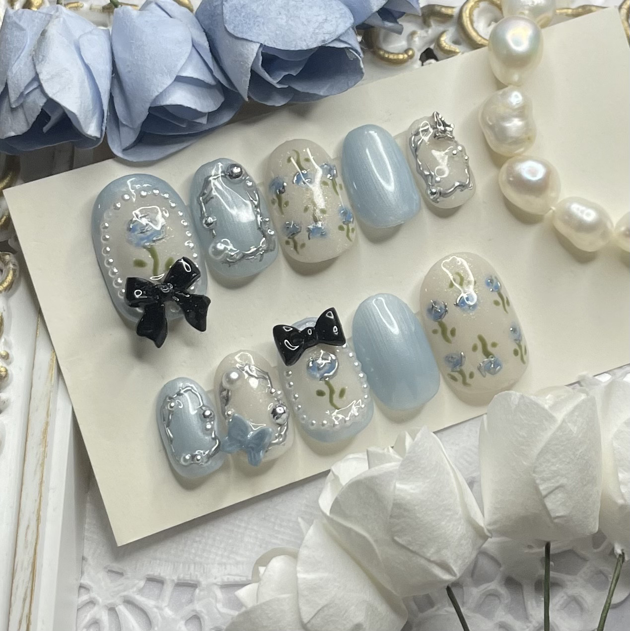 サイズオーダー♡パステルパールローズネイルチップ ブルー size order  