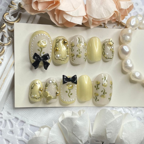 サイズオーダー♡パステルパールローズネイルチップ イエロー size  