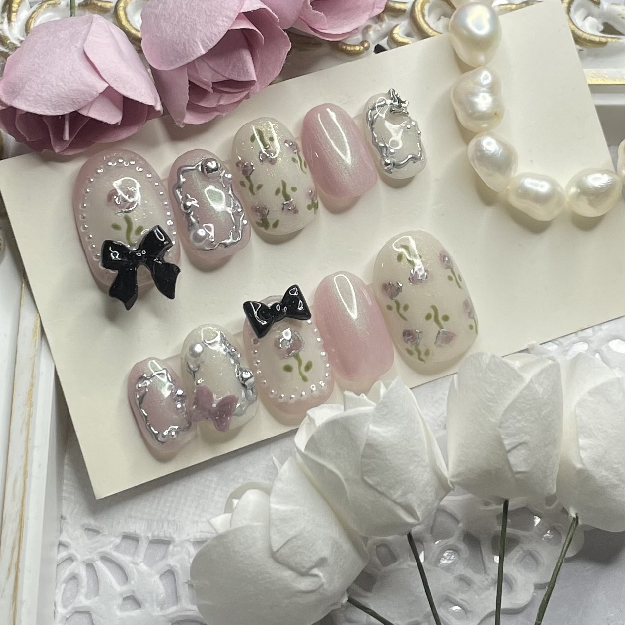 サイズオーダー♡パステルパールローズネイルチップ パープル size  