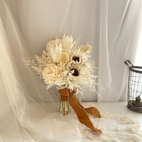 アンティーク調ひまわりブーケ＆ブートニア ウェディングブーケ  