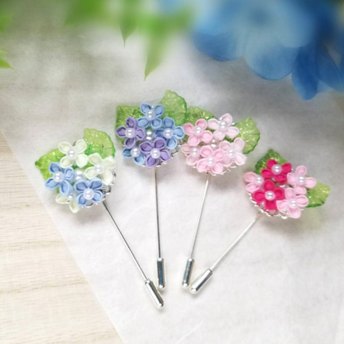 アジサイのブローチ ピンブローチ スティックピン つまみ細工 紫陽花 