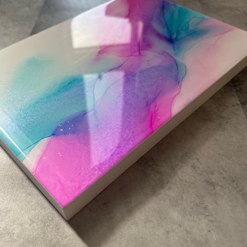 アルコールインクアート　ピンク　紫　黄色　レジン　パネル　木製　29.6×21 3d8f06d415b7856ba00bfded5bfdb6