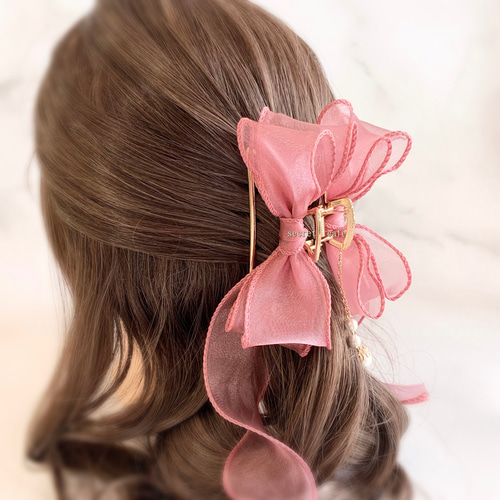 ワイヤー入りオーガンジーリボンのメタルバンスクリップ ヘアクリップ