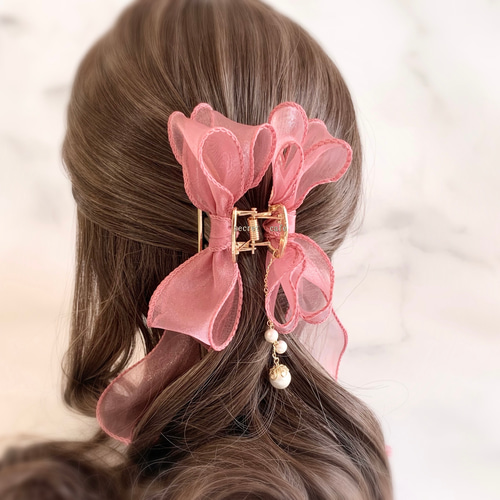 ワイヤー入りオーガンジーリボンのメタルバンスクリップ ヘアクリップ