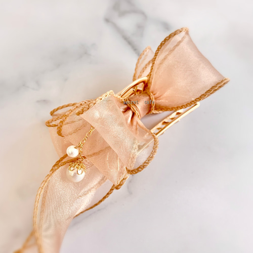 ワイヤー入りオーガンジーリボンのメタルバンスクリップ ヘアクリップ