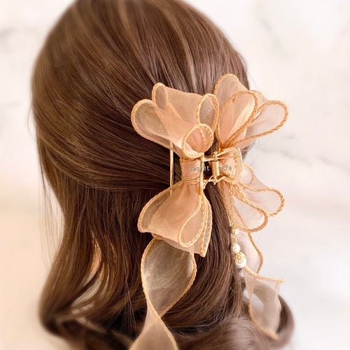 ワイヤー入りオーガンジーリボンのメタルバンスクリップ ヘアクリップ