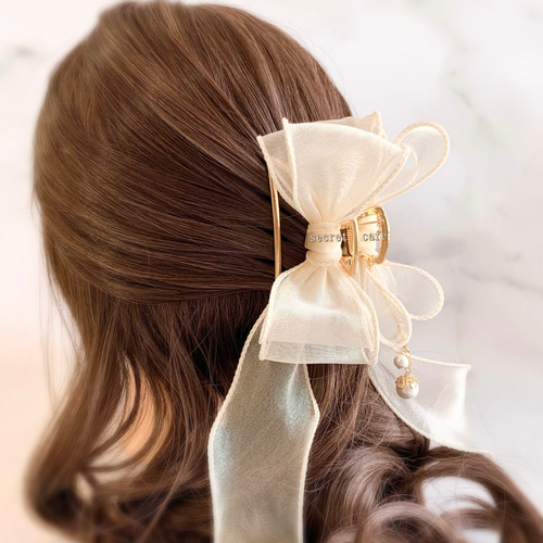 ワイヤー入りオーガンジーリボンのメタルバンスクリップ ヘアクリップ
