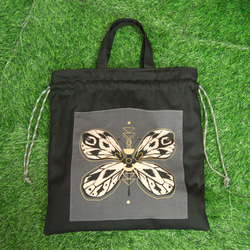 蝶々パッチ　コットン巾着トートバッグ:black 6枚目の画像
