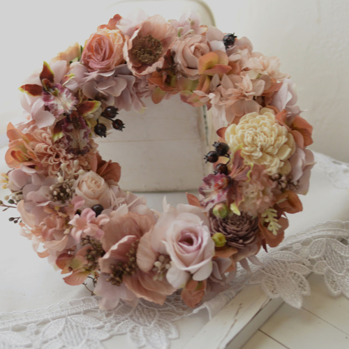 ローズ様 オーダー アンティーク ピンク フラワーリース 直径43センチ アンティークローズピンクのバラ高級造花の大きな