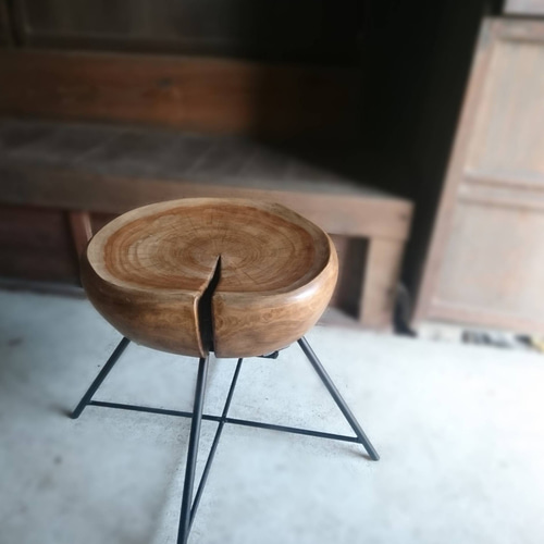 天然ひのき アイアン ロー スツール チェア サイドテーブル 丸太 無垢