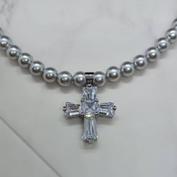 奢華水晶十字銀珍珠項鍊 6 毫米球男式女式時尚流行簡約紐扣式五金件 第4張的照片