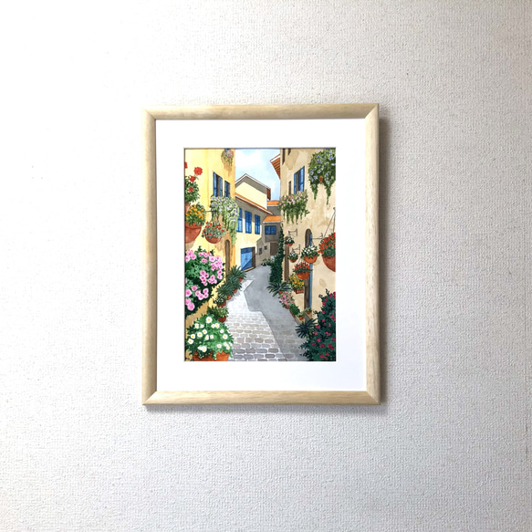 「花の咲く路地02」透明水彩画　原画　風景画　額縁付　F4サイズ 5枚目の画像