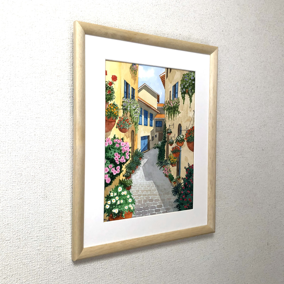 「花の咲く路地02」透明水彩画　原画　風景画　額縁付　F4サイズ 3枚目の画像