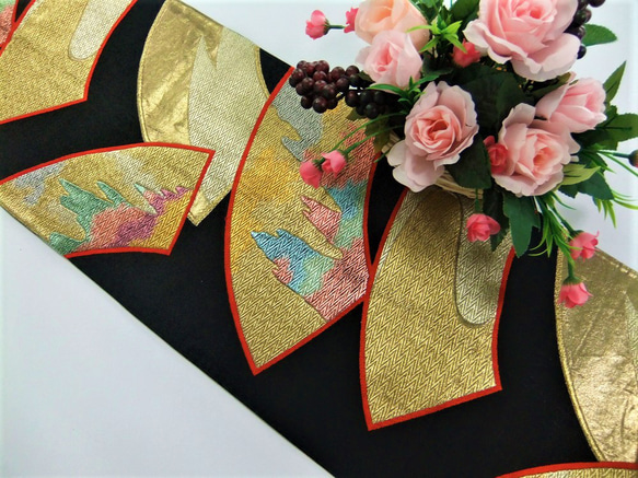 1点もの】黒地に扇文様の高級帯テーブルランナー 16)1571】234cm/扇