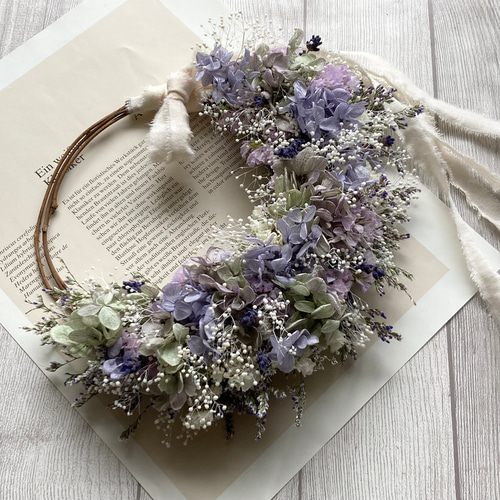 ラベンダー香るアンティークグリーンとパープルのリース プリザーブド