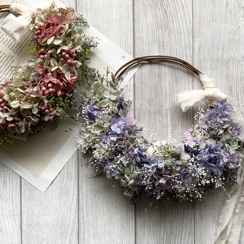 ラベンダー香るアンティークグリーンとパープルのリース プリザーブド