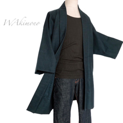 着物リメイク 男性羽織  ハーフ 紺 単衣 和装 作務衣羽織 カーディガン メンズ 無地 フリーサイズ  （5412） 1枚目の画像